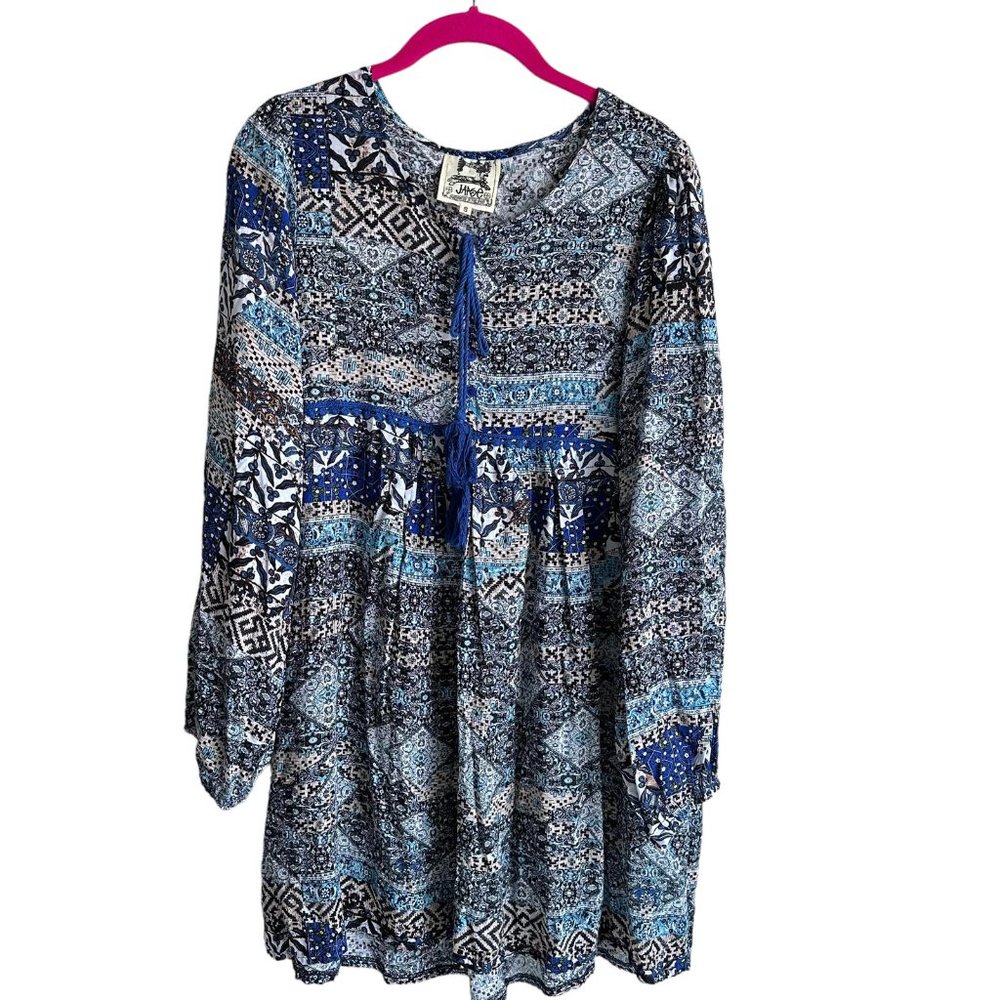 JAASE Blue Geometric Shape Boho Printed Ladies Babydoll Long Sleeve Dress, S